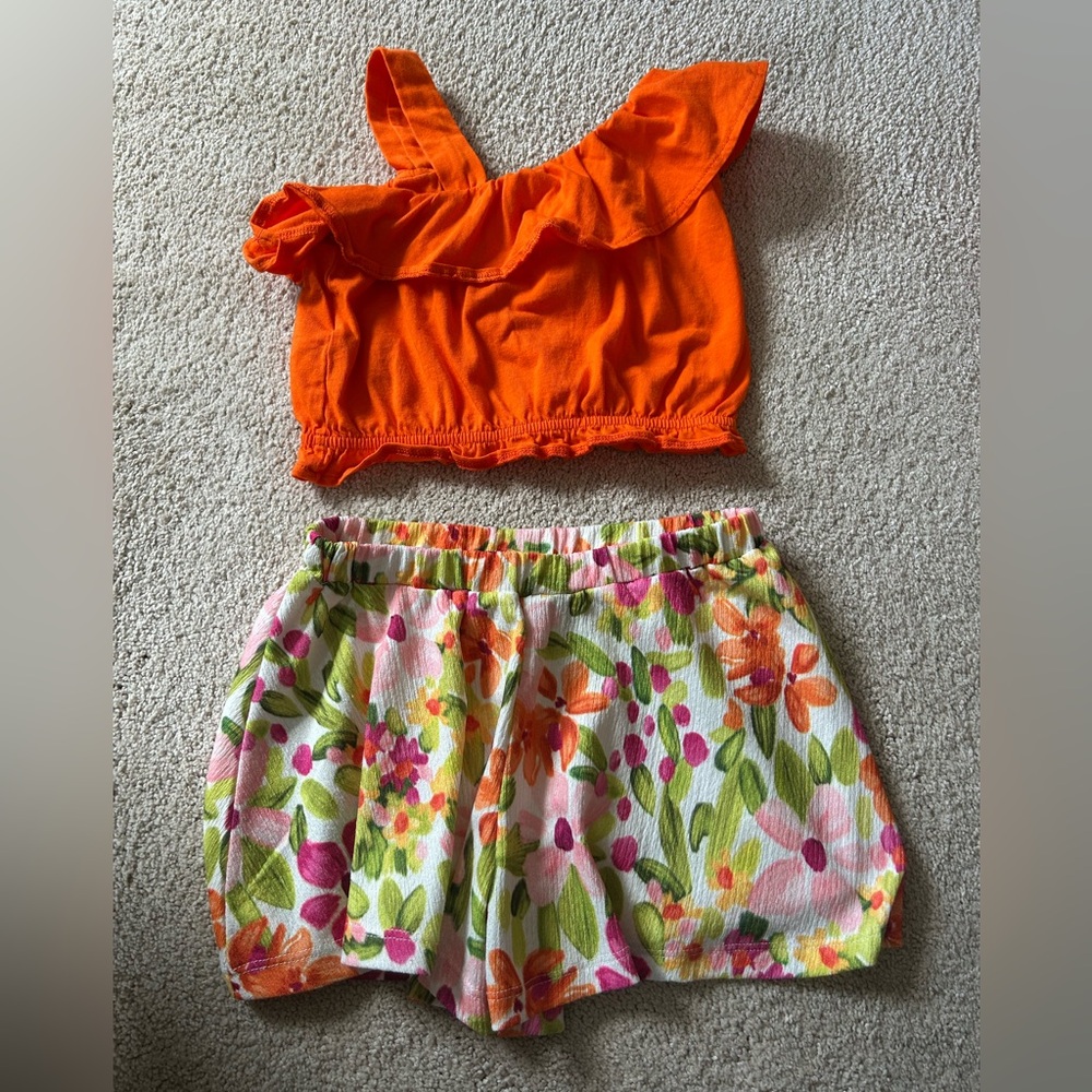 Mayoral Bright Orange Top and Floral Shorts set